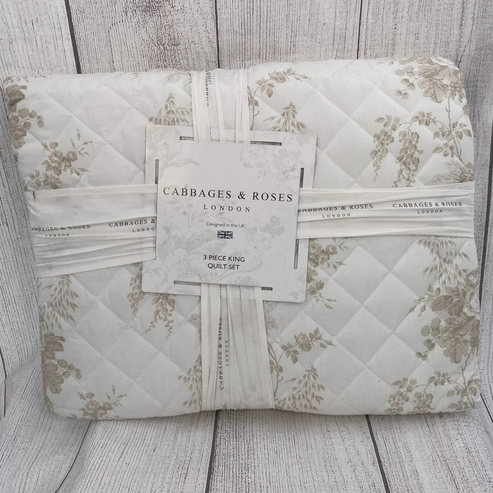 Cabbages & Roses Charlotte Quilt Set King White Natural Floral Cotton Percale